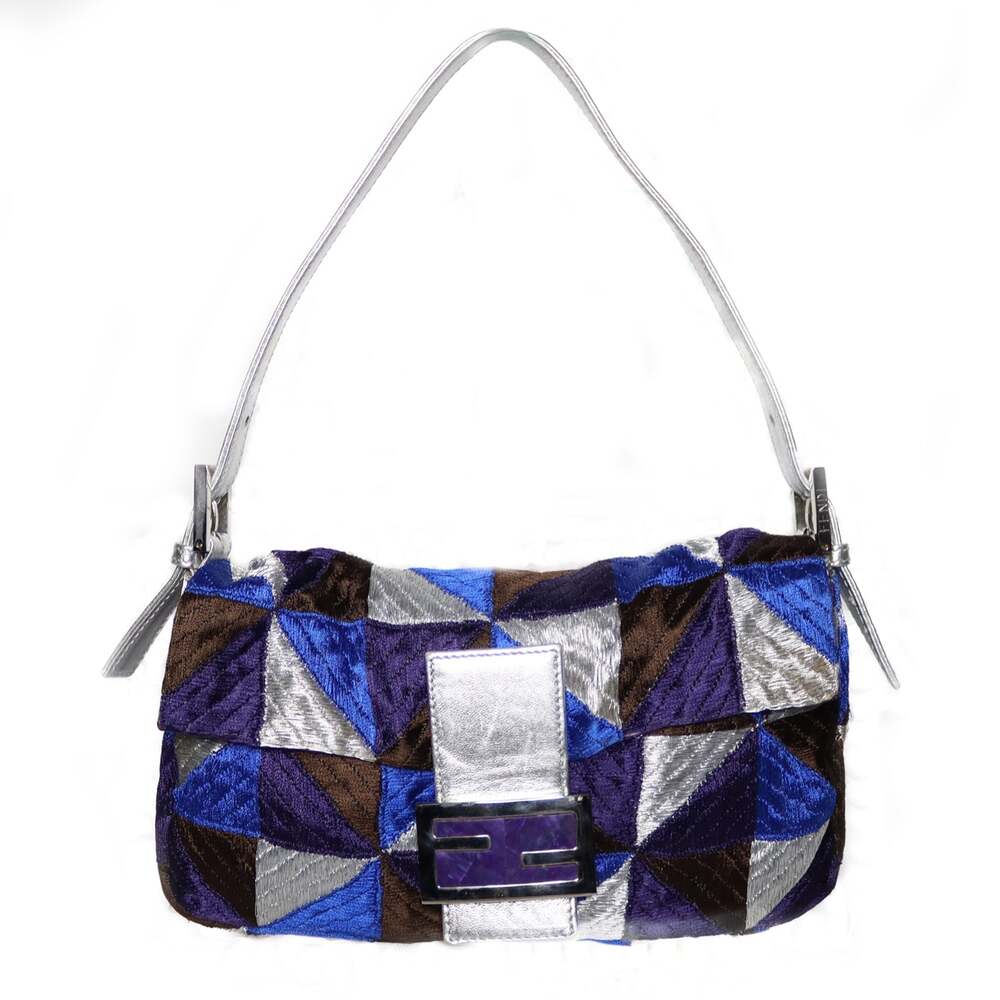 Fendi Silver Blue & Purple Embroidered Stone Emblem Silver Trimmed Baguette